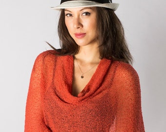 Tangerine Orange Knit Poncho, Resort Beach Wear Shawl, Summer Wedding Cover Up, Sheer Lightweight Wrap, 50+ Colors #111