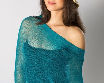 Écharpe de poncho en tricot bleu sarcelle pour femmes, cape poncho transparente légère, châle de soirée de mariage, tenue de plage pour villégiature d'été, 50 couleurs et plus, # 40