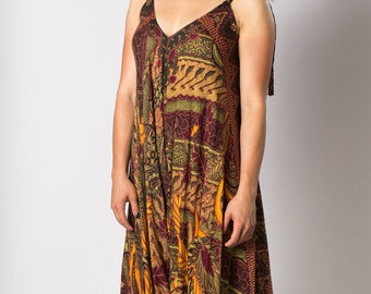 Red Maroon Batik Long Jumpsuit Converts to Dress, Lightweight Tropical Vacay Summer Beach Coverup, 21&quot; Torso Fits XS-L FINAL SALE!
