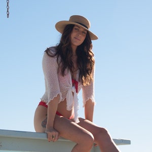 Beach Cardigan Cover Up, White Summer Cardigan, Sheer Knit, Convertible Resort Wear, 3/4 sleeve with Tie Front, Converts to Bolero