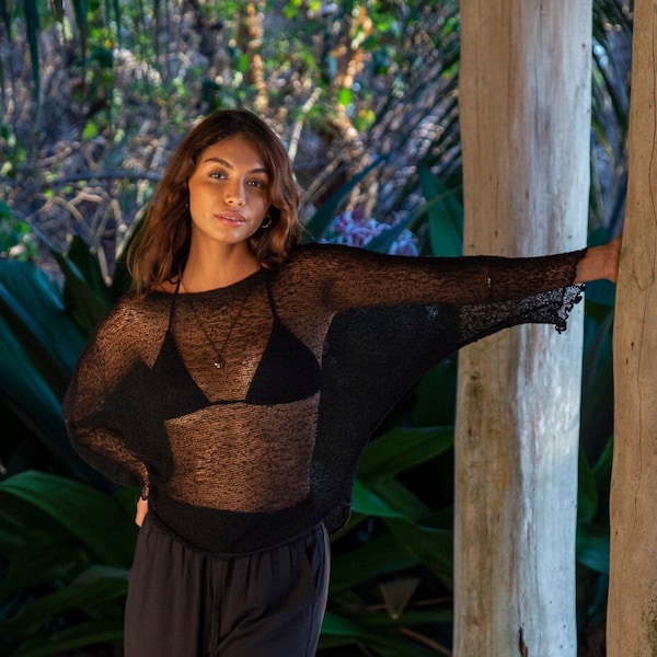 Neu! Schwarz Schiere Stricken Pullover Cover Up, Off Schulter oder U-Boot-Ausschnitt Sexy Durchsichtig Sommer Top, Lacet gestrickt Langarm, XS-L Dehnt sich 1,5x