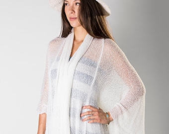 Kimono Style Jacket, Layered and Long White Wedding Sweater, See through Long Cardigan for Women, Boho Wedding coverup Summer knitwear