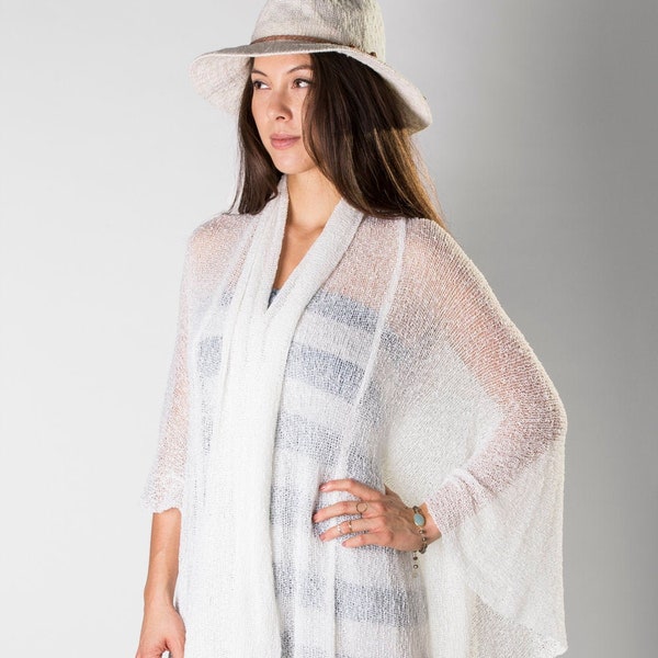 Kimono Style Jacket, Layered and Long White Wedding Sweater, See through Long Cardigan for Women, Boho Wedding coverup Summer knitwear