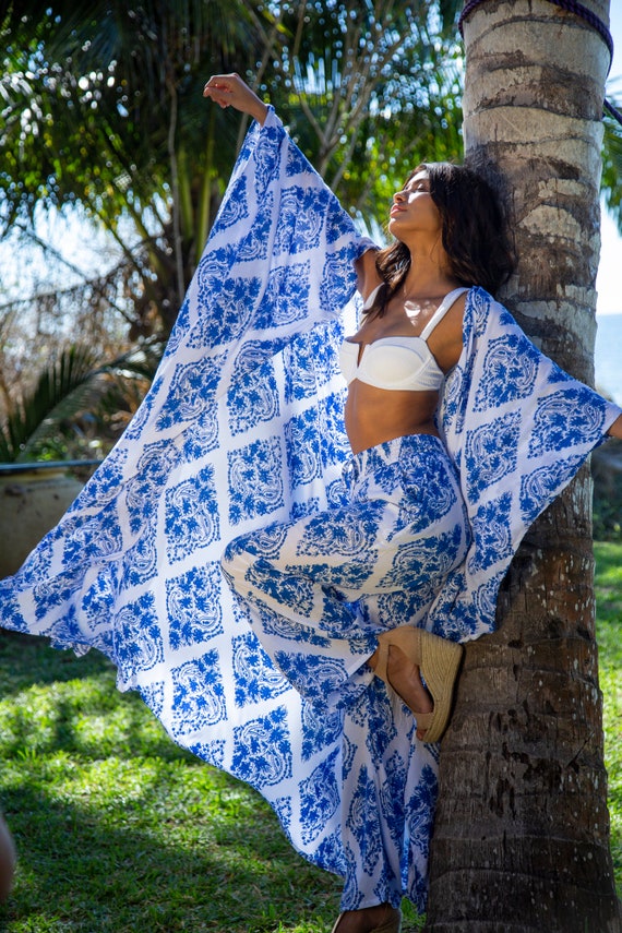 Blue Diamond Kaftan Robe Wide Resort Premium Pant Lounge Set Bridesmaid Robes Elegant Pants Kimono Wrap Cover Up Pant L XL