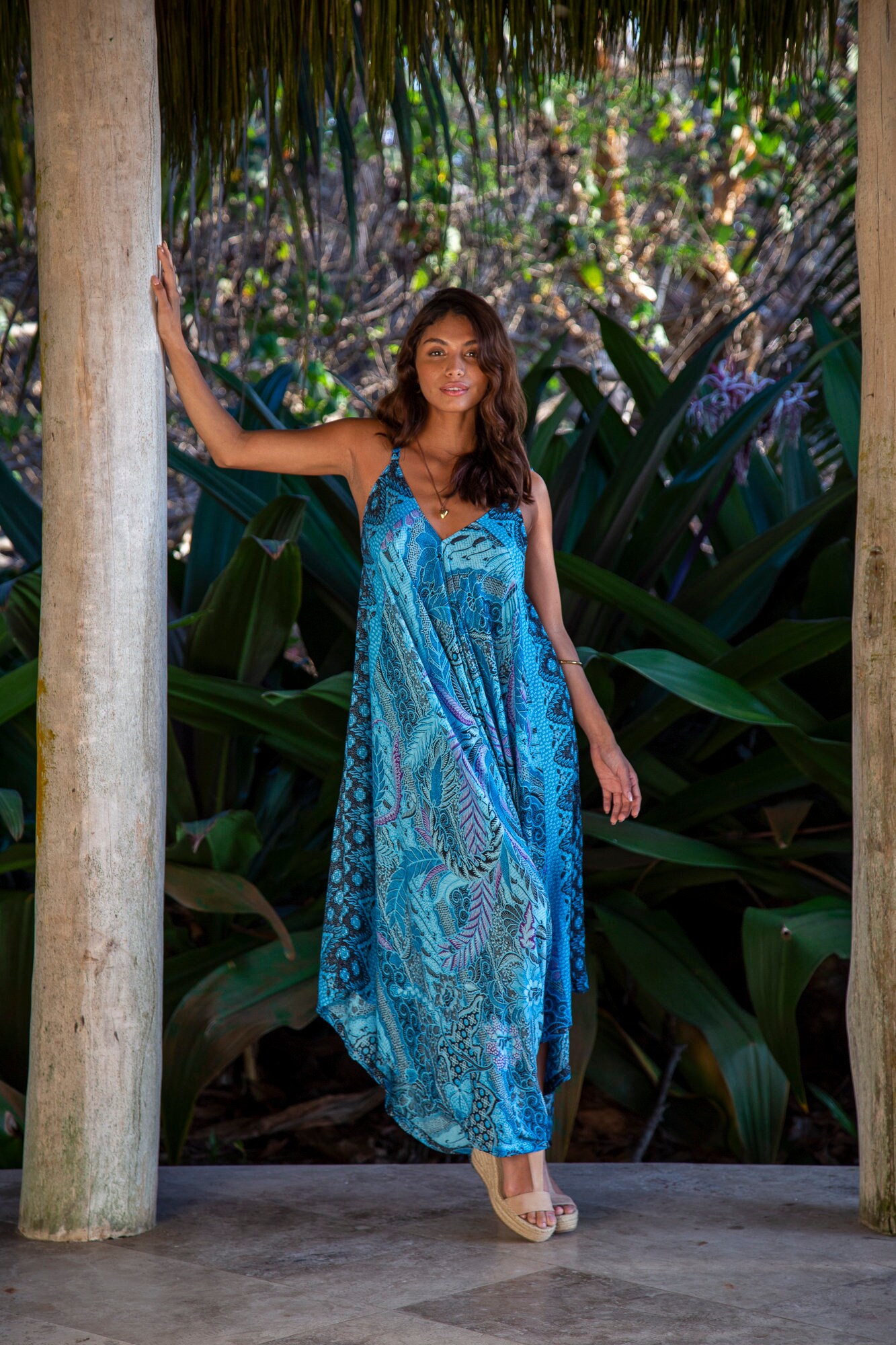 Turquoise Batik Harem Jumpsuit, Convertible Tropical Beach Cover