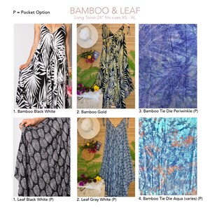 May include: Six different styles of long, loose-fitting dresses with a variety of leaf and bamboo print designs. The dresses are available in black and white, gold, periwinkle, gray, and aqua. Some dresses have pockets.