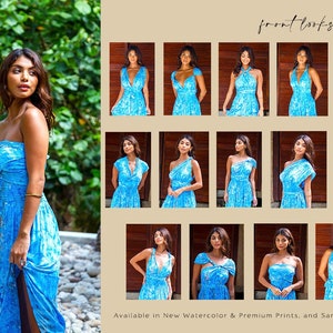 May include: A blue wrap dress with a variety of ways to style it. The dress is shown in 12 different styles, including a halter top, a one-shoulder style, and a strapless style. The dress is available in new watercolor and premium prints, and sarong batiks. "Front looks" is written at the top of the image.