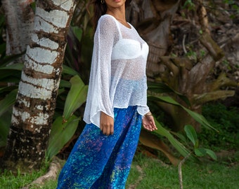 White Oversized Sheer Knit Sweater, Loose See Through Summer Top