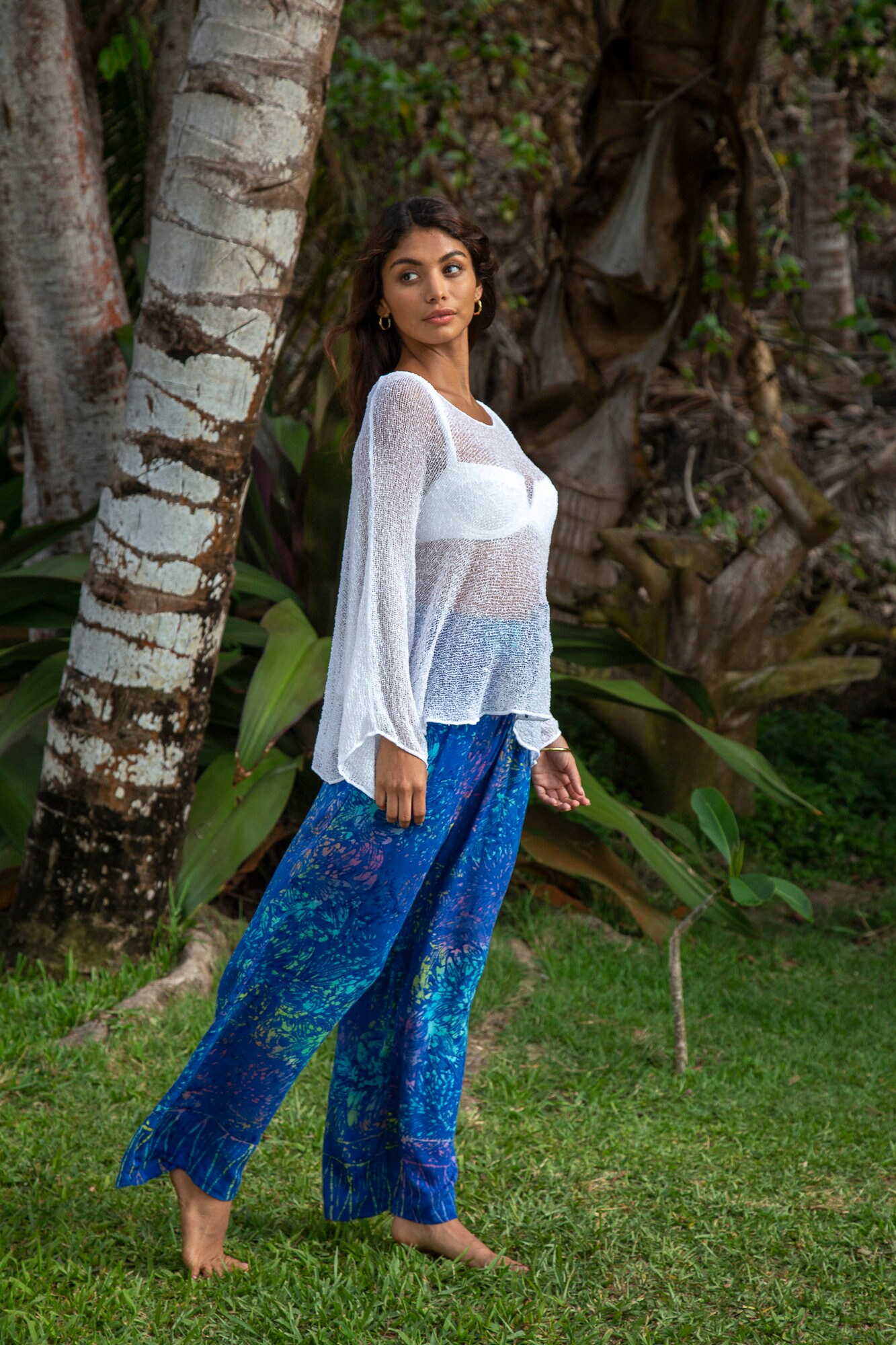 White Oversized Sheer Knit Sweater, Loose See Through Summer Top