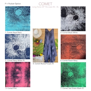 May include: Seven different color variations of a long, loose-fitting, sleeveless dress with a tie-dye pattern. The dress is called "Comet" and is available in sizes XS to XL. The dress is 24 inches long. The dress is available in Aqua Navy, Navy White, Pink, Muted Purple, Black White, Peach Navy, and Teal Green Black.