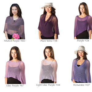May include: A collection of six sheer, lightweight knit ponchos in various shades of purple, including muted purple #60, plum wine #38, purple #24, lilac purple #67, light lilac purple #44, and periwinkle #127, each worn over a black base layer.