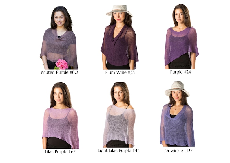 May include: A collection of six sheer, lightweight knit ponchos in various shades of purple, including muted purple #60, plum wine #38, purple #24, lilac purple #67, light lilac purple #44, and periwinkle #127, each worn over a black base layer.