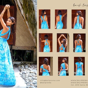 May include: A blue and white patterned maxi dress with a variety of back tie options. The dress has a deep V-neck and a side slit. The dress is shown on a model in front of a wooden structure. The text "back looks" is written at the top of the image. The text "info@baliprima.com" and "@baliprima" is written at the bottom of the image. The text "WWW.BALIPREMA.COM WWW.BALIPREMA.ETSY.COM Est. 2014 Santa Monica, CA" is written at the bottom of the image.
