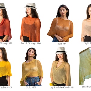 May include: A collection of eight lightweight, semi-sheer knit ponchos in various colors including Tangerine Orange #111, Burnt Orange #66, Rust #9, Light Peach #12, Sunflower Yellow #13, Gold #121, Light White Gold #46, and Buttercream #110.