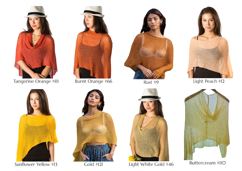 May include: A collection of eight lightweight, semi-sheer knit ponchos in various colors including Tangerine Orange #111, Burnt Orange #66, Rust #9, Light Peach #12, Sunflower Yellow #13, Gold #121, Light White Gold #46, and Buttercream #110.