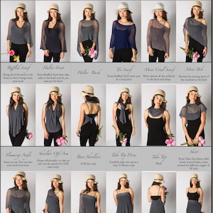 May include: A multi-panel instructional chart displaying various ways to wear a versatile grey knit garment. The grid features photographs of the same item styled as a cowl, scarf, halter, tube top, and skirt, with descriptive text labels for each.