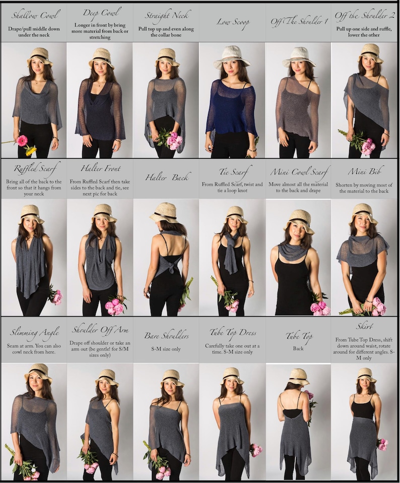 May include: A multi-panel instructional chart displaying various ways to wear a versatile grey knit garment. The grid features photographs of the same item styled as a cowl, scarf, halter, tube top, and skirt, with descriptive text labels for each.