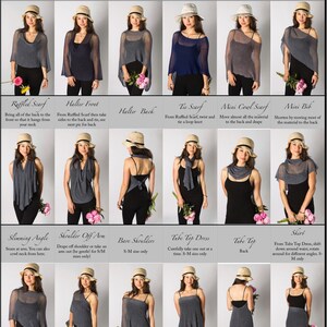 Op de afbeelding: Een instructiekaart met meerdere panelen die verschillende manieren toont om een veelzijdig grijs gebreid kledingstuk te dragen. Het raster bevat foto's van hetzelfde item gestyled als col, sjaal, halter, tube top en rok, met tekstlabels.