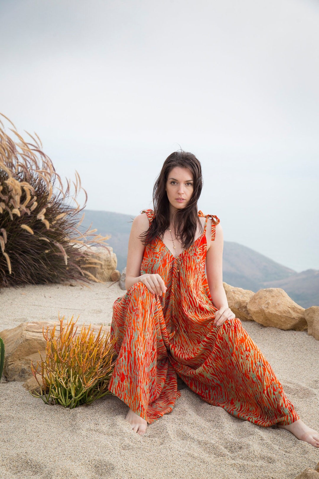 Orange Red Women's Beach Jumpsuit Cover Up, Goddess Maxi Summer Lounge Resort Wear, Convertible ...