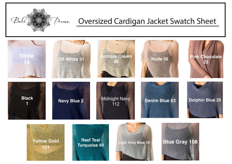 May include: Swatch sheet showing 12 different colors of oversized cardigan jackets. The colors are: White, Off-White, Antique Cream, Nude, Pink Chocolate, Black, Navy Blue, Midnight Navy, Denim Blue, Dolphin Blue, Yellow Gold, Reef Teal Turquoise, Light Grey Blue, and Blue Gray.