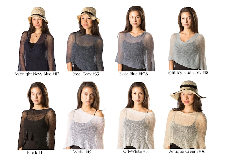 May include: A collection of eight sheer, lightweight knit ponchos in various colors including midnight navy blue #112, steel gray #39, slate blue #108, light icy blue grey #18, black #1, white #19, off-white #31, and antique cream #36.