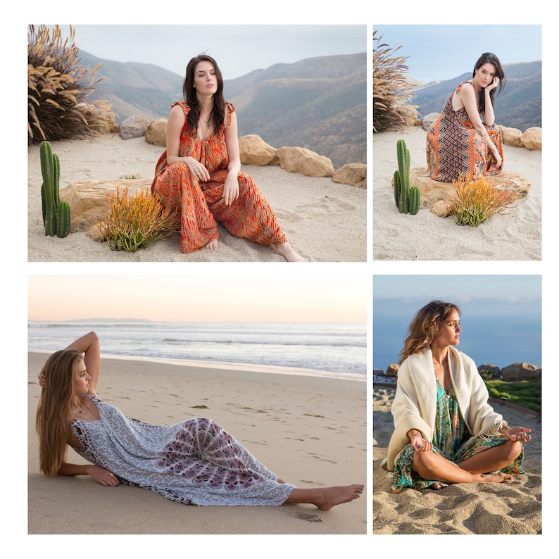 May include: Three women wearing different styles of maxi dresses. One woman is sitting on a sandy beach, another is sitting on a rock in a desert landscape, and the third is sitting on a sandy beach with a cactus in the background.