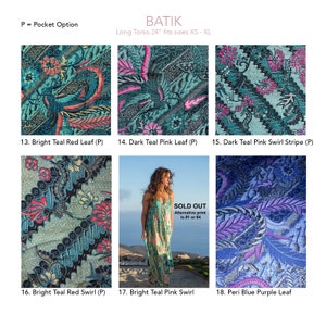 May include: Six different batik fabric designs for clothing. The designs include teal, pink, red, blue, and purple colors. The fabric is shown in close-up detail and on a model wearing a dress. The text "SOLD OUT" is on one of the images.