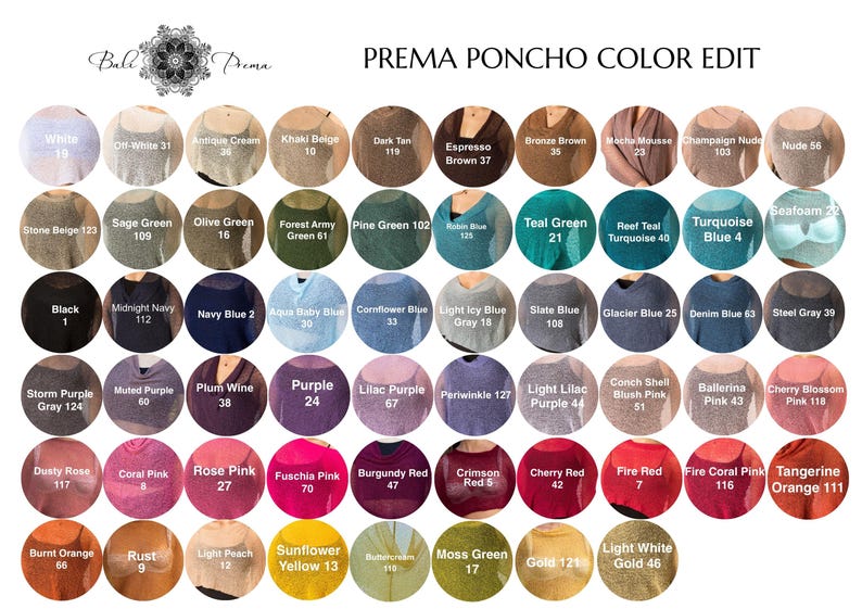 Może przedstawiać: Wzornik kolor&oacute;w zatytułowany PREMA PONCHO COLOR EDIT zawierający pięćdziesiąt pięć okrągłych pr&oacute;bek r&oacute;żnych kolor&oacute;w tkanin, z kt&oacute;rych każda jest oznaczona nazwą i numerem, w tym odcienie bieli, beżu, brązu, zieleni, błękitu, fioletu, r&oacute;żu, czerwieni i pomarańczu.
