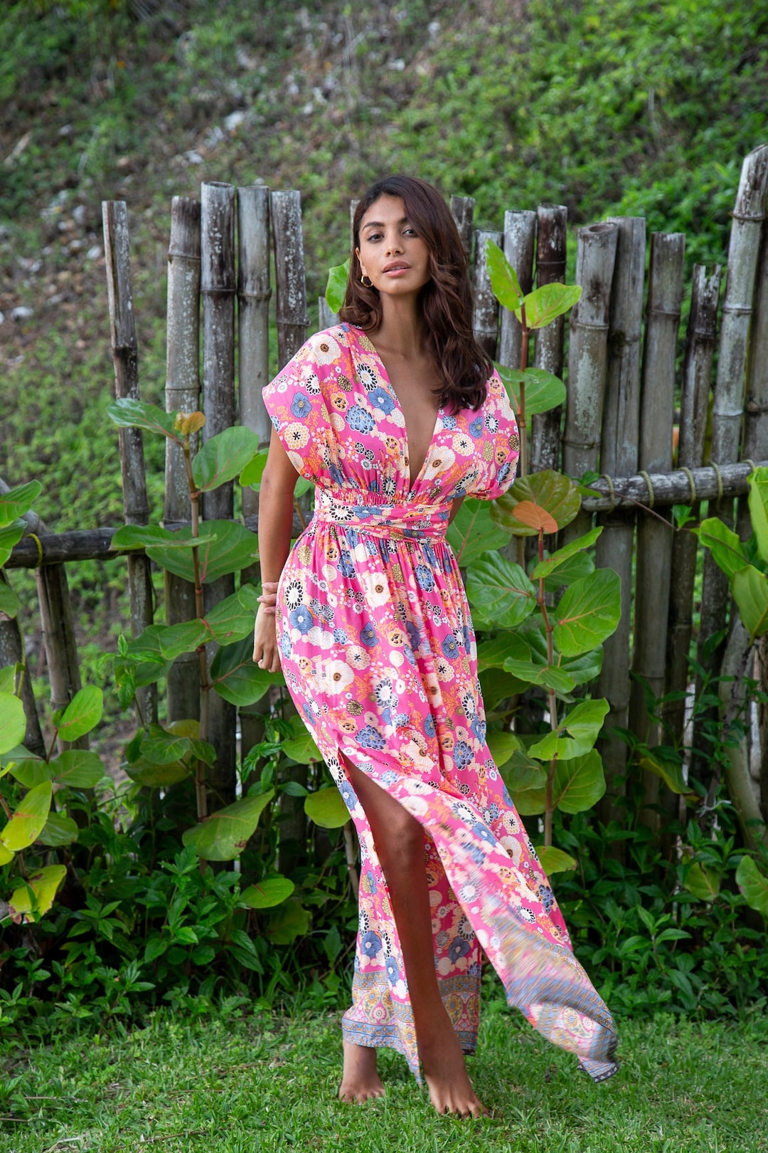 Robe Tammy légère à fleurs rose, maxi demoiselle d'honneur