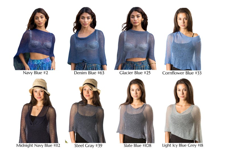 May include: A collection of eight sheer, lightweight knit ponchos in various shades of blue and gray, labeled as Navy Blue #2, Denim Blue #63, Glacier Blue #25, Cornflower Blue #33, Midnight Navy Blue #112, Steel Gray #39, Slate Blue #108, and Light Icy Blue Grey #18.