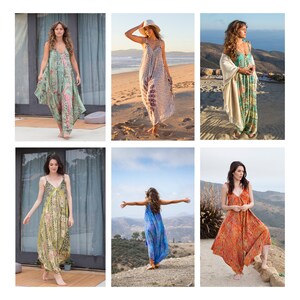 May include: Six women wearing different patterned, flowy, long dresses. The dresses are all in various colors and patterns, including green, pink, blue, and orange. The women are standing in different locations, including a beach, a field, and a patio.