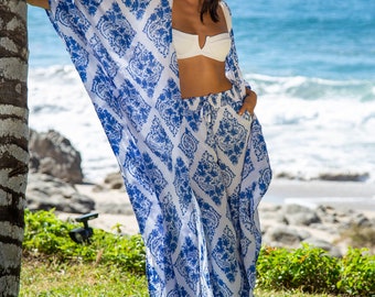 Blue Diamond Kaftan Robe & Wide Resort Premium Pant Lounge Set, Bridesmaid Robes, Elegant Pants, Kimono Wrap Cover Up, Beach Kaftan