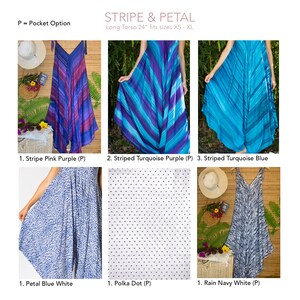 May include: A collection of six different long torso, 24-inch,  halter-style dresses with various patterns. The patterns include stripes in pink, purple, turquoise, and blue, polka dots, and a blue and white floral print. The text "P = Pocket Option" and "STRIPE & PETAL" is visible at the top of the image.