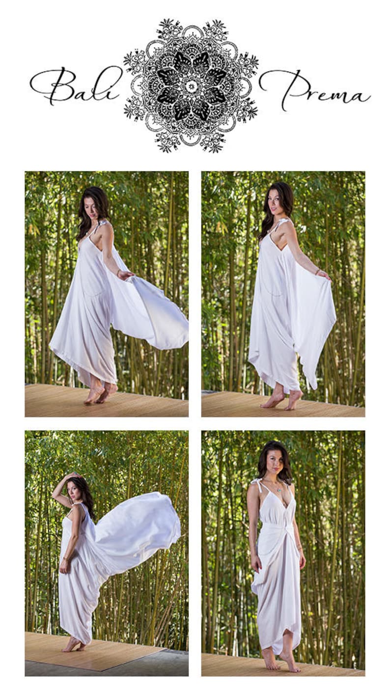 Puede incluir: Cuatro fotos de una persona con un vestido blanco y fluido en un bosque de bamb&uacute;. El vestido tiene un corte holgado y fluido y un escote amplio y abierto. La persona est&aacute; de pie en diferentes poses, con el vestido fluyendo a su alrededor.