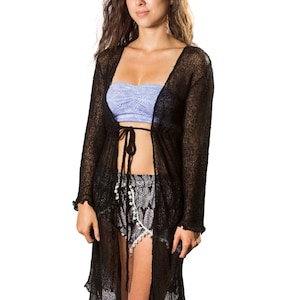 FINAL SALE! Long Boho Cardigan, Black Boho Cardigan, Boho Beach Cardigan, Long Sheer Cardigan Jacket, Sheer Beach Cover up, Tie Front