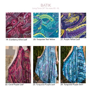 May include: Six different batik fabric designs for clothing. The designs are: Cranberry Olive Leaf, Turquoise Teal Yellow, Purple Yellow Leaf, Coral Purple Leaf, Turquoise Purple Leaf, and Turquoise Purple Swirl.
