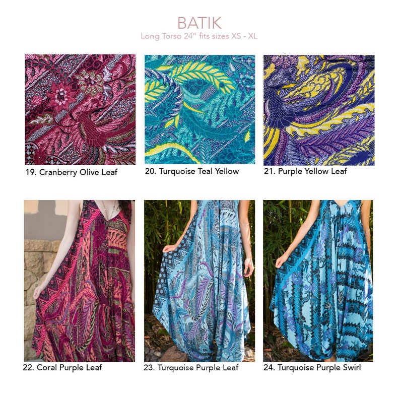 May include: Six different batik fabric designs for clothing. The designs are: Cranberry Olive Leaf, Turquoise Teal Yellow, Purple Yellow Leaf, Coral Purple Leaf, Turquoise Purple Leaf, and Turquoise Purple Swirl.