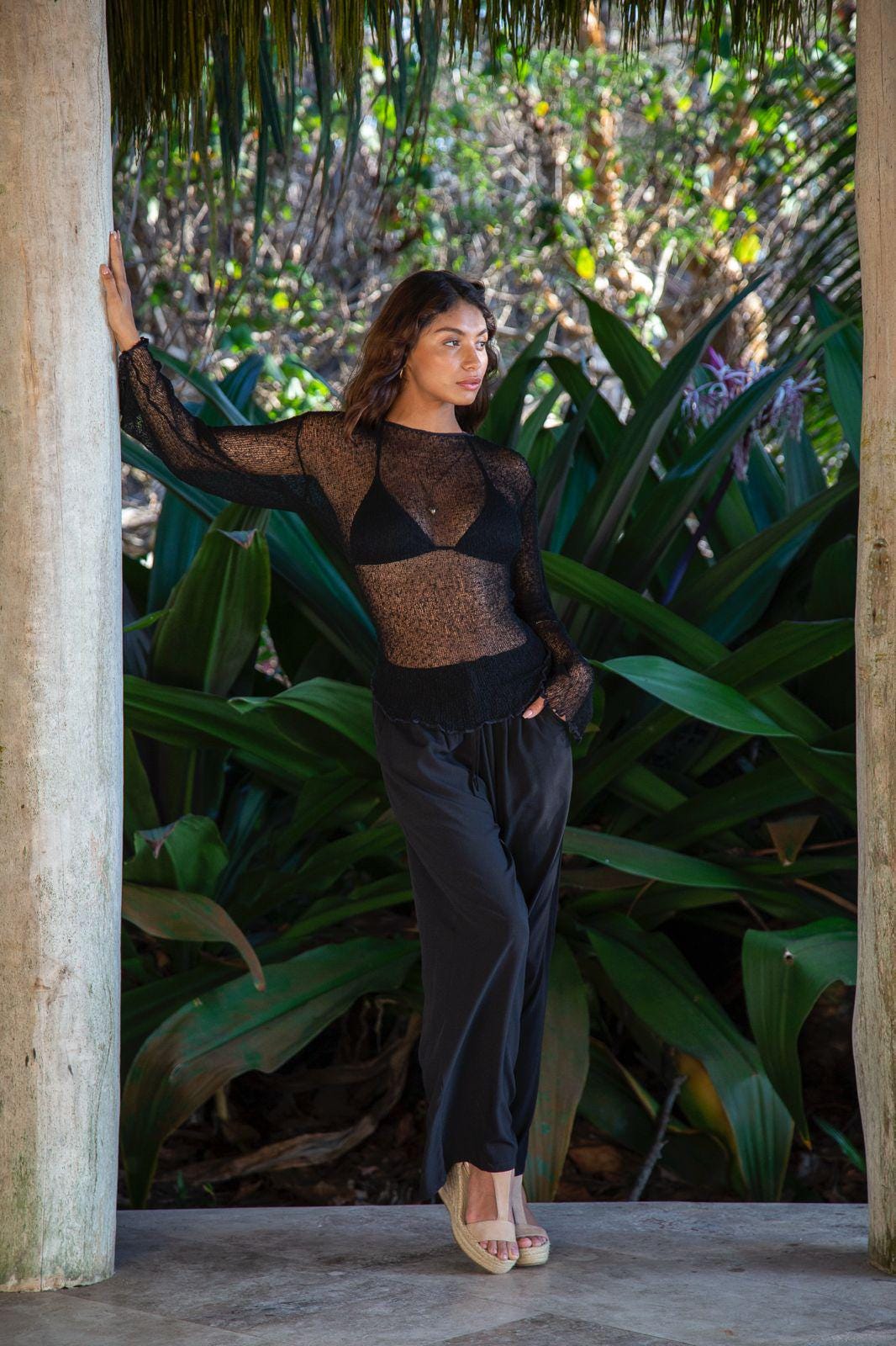 【AMERI】BOLERO SHEER KNIT AmélieBoutik Women Ruched Long Sleeve Bolero Cropped Sheer Shrug