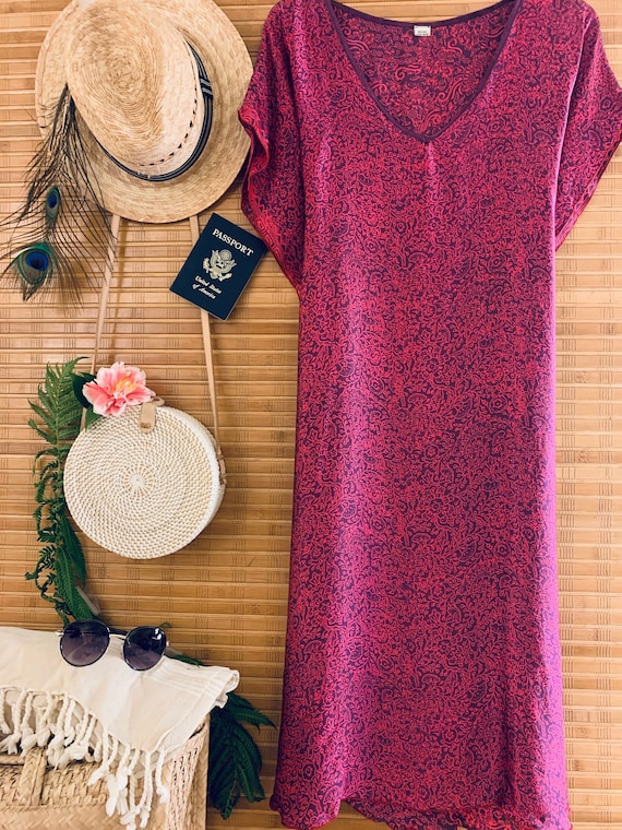 Womens Silk Kaftan Dress in Pink Purple Batik, Boho Beach Kaftan, Bali Silk Beach Kaftan, Long Maxi Silk Robe FINAL SALE!