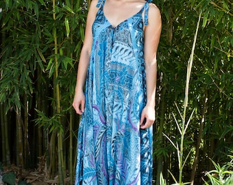 Wide Leg Women's Boho Jumpsuit, Maxi Harem Jumpsuit, Summer Jumpsuit, Resort, Turquoise Leaf Batik XS-XL 24" Torso