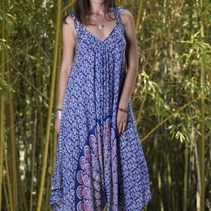 Final Sale! Harem Jumpsuit Beach Cover Up, Summer Jumpsuit, Bohemian Clothing, Beach Dress, Blue White Peacock 22&quot; Torso XS-M