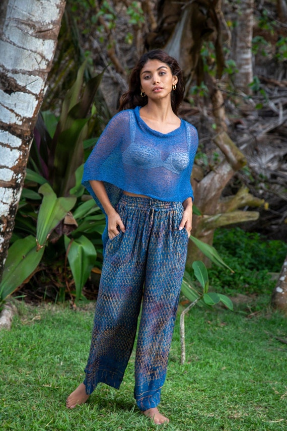 Blue Festival Poncho, Boho Music Festival Wrap, Coachella Outfit Cover Up, Bohemian Knit Shawl, Hippie Wear, 50+ Colors, #126