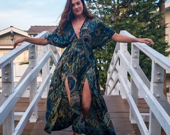 Navy Leaf Kimono Slit Dress, Sexy Double Slit Long Dress, Vacation Outfit, Resort Wear, Long Bohemian Beach Dress, Evening Wear, Fits XS-L