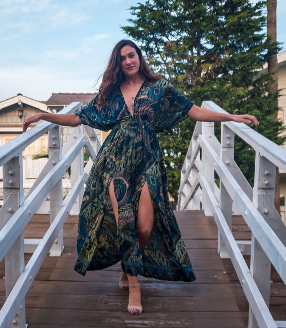 Navy Leaf Kimono Slit Dress Sexy Double Slit Long Dress Vacation