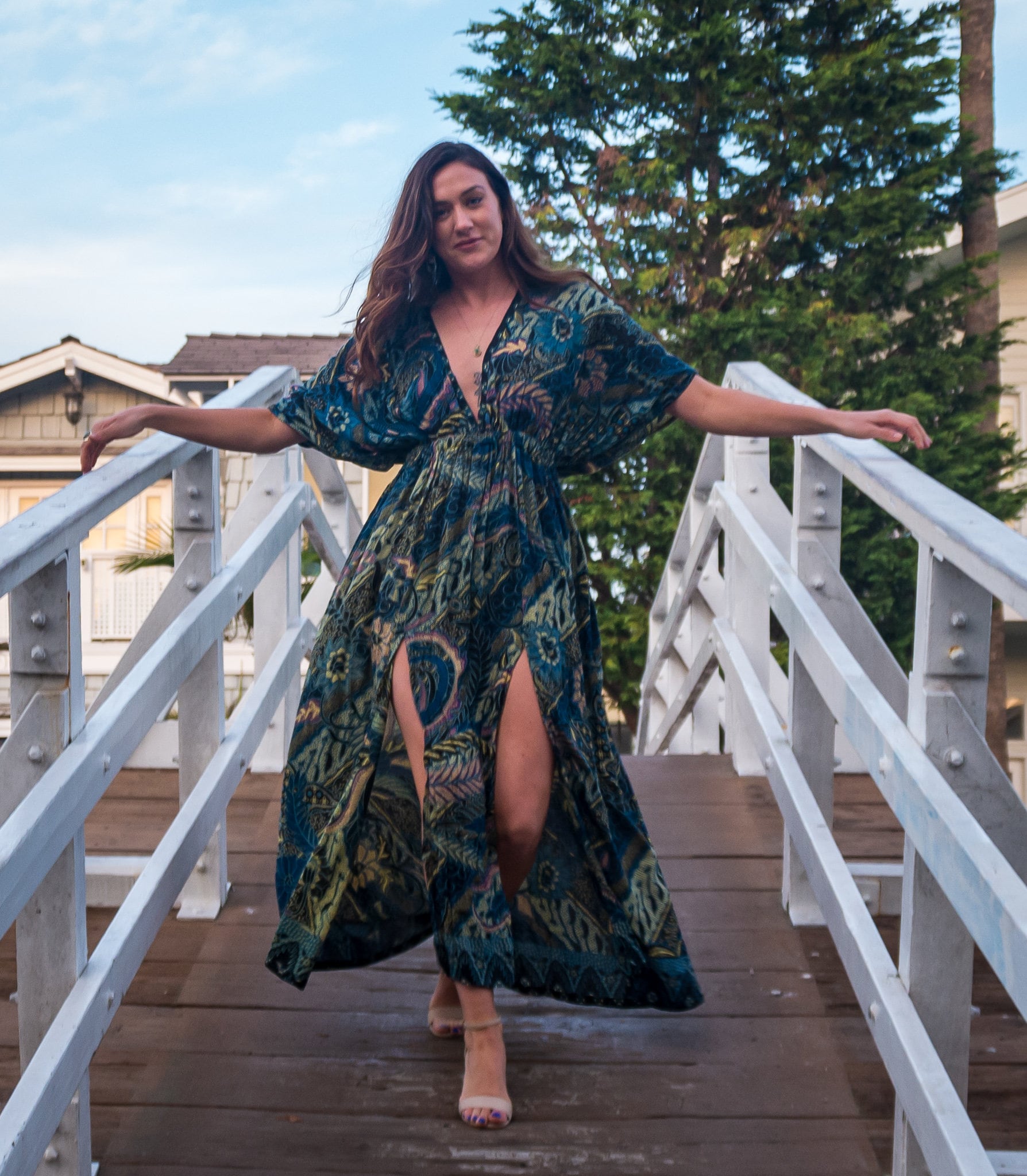 Navy Leaf Kimono Slit Dress, Sexy Double Slit Long Dress, Vacation