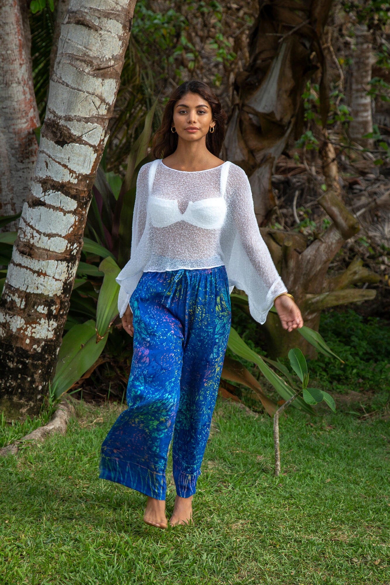 White Oversized Sheer Knit Sweater, Loose See Through Summer Top