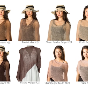 May include: A collection of eight lightweight, semi-sheer knit ponchos in various neutral shades including Bronze Brown #35, Tan Mocha #119, Stone Pewter Beige #123, Khaki Beige #10, Espresso Brown #37, Mocha Mousse #23, Champagne Nude #103, and Nude #56.