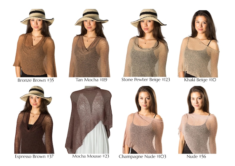 May include: A collection of eight lightweight, semi-sheer knit ponchos in various neutral shades including Bronze Brown #35, Tan Mocha #119, Stone Pewter Beige #123, Khaki Beige #10, Espresso Brown #37, Mocha Mousse #23, Champagne Nude #103, and Nude #56.