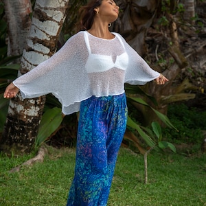 White Oversized Sheer Knit Sweater, Loose See Through Summer Top, Sexy Lacy Boho Knit Women&#39;s Cover Up, XS-XL Stretches 1.5x!