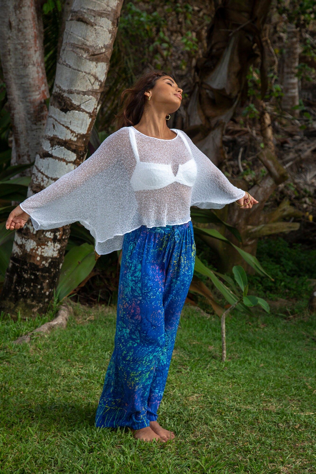 【2plan】Summer see-through belted overfit knit White Oversized Sheer Knit Sweater, Loose See Through Summer